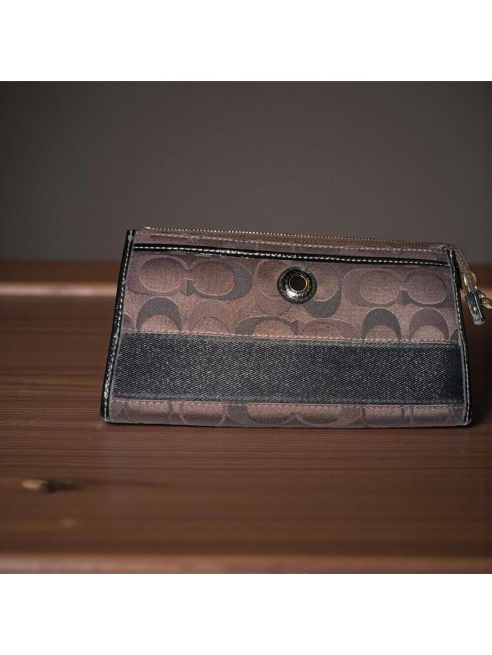 Coach Signature Canvas Wallet With Brown Leather Trim